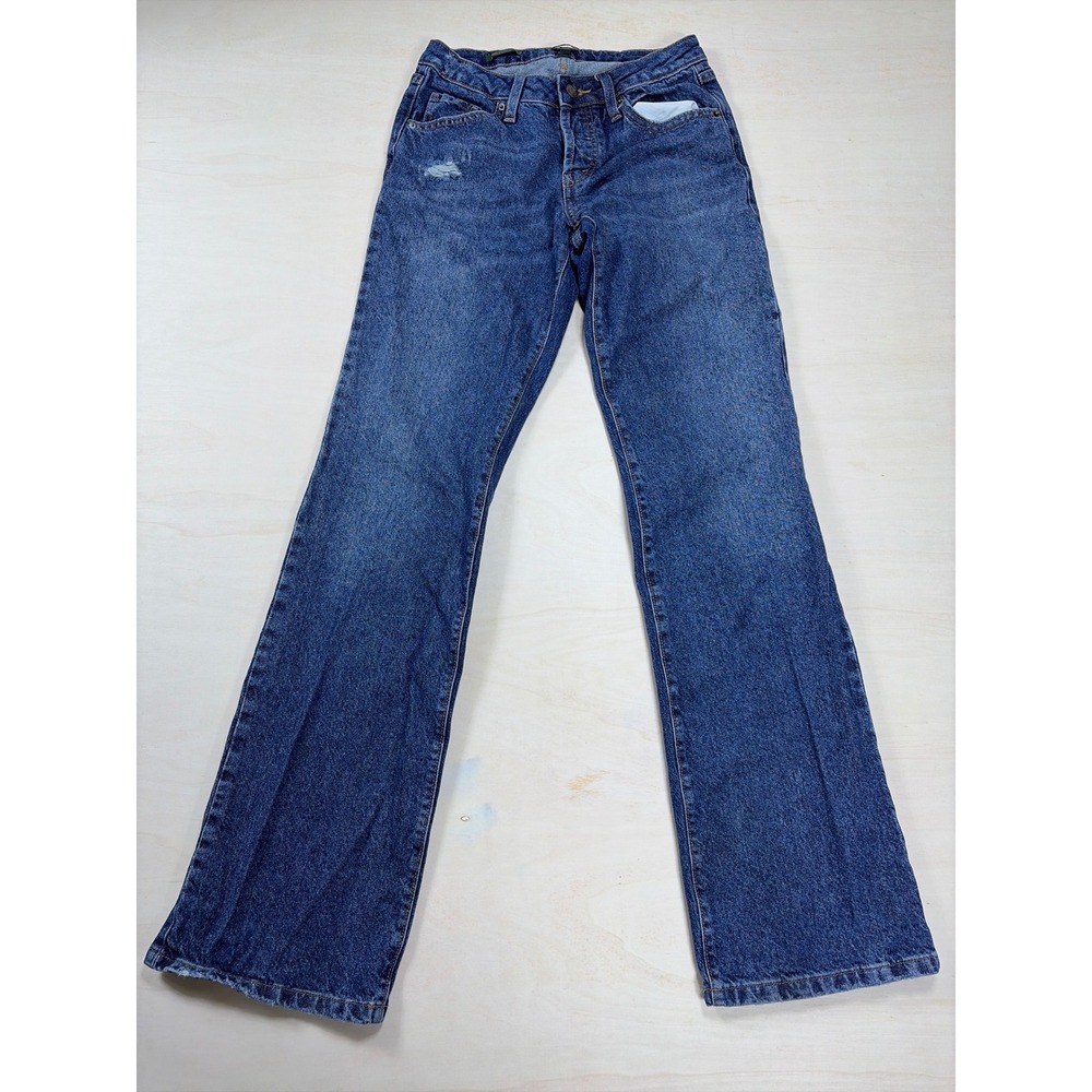 Blue Medium Wash Flare Leg Distressed Denim Jeans Mid Rise 28x31.5